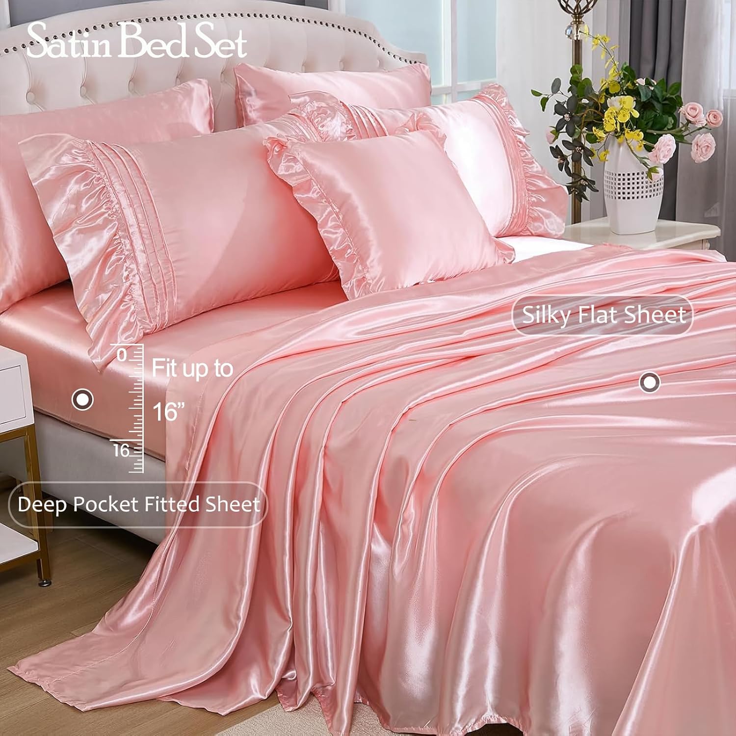Pink Satin Comforter Set 8 Pieces Queen Comforter with Sheets Silk Like Satin Bed Set Luxury Bedding Bed in a Bag 1 Comforter 4 Pillowcasas 1 Flat Sheet 1 Fitted Sheet 1 Cushion Cover
