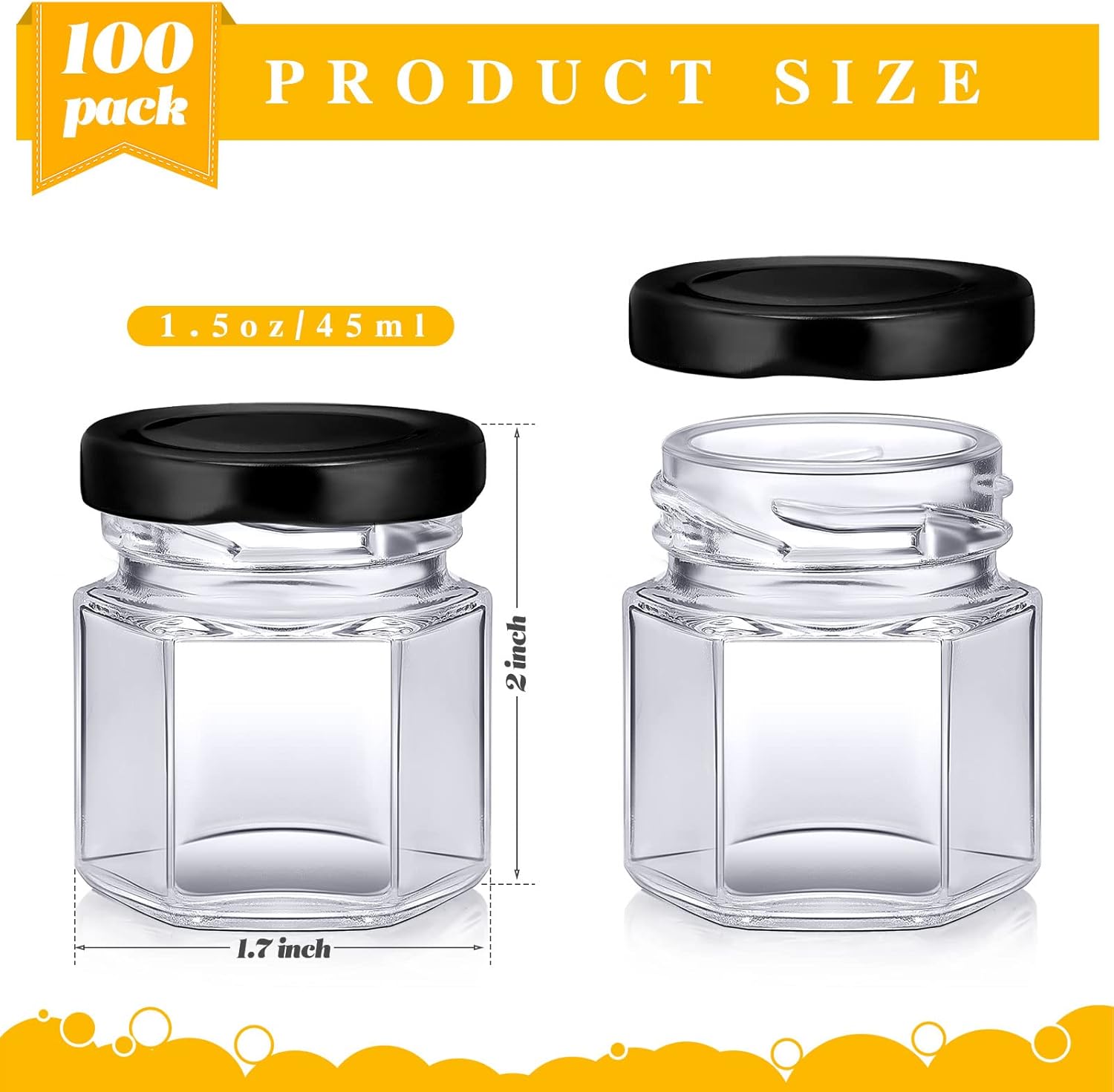 nuogo 100 pack 1.5oz mini hexagon glass jars bulk for wedding small honey jars with lids for spice canning mason gifts candy honey wedding party favors diy crafts(black)