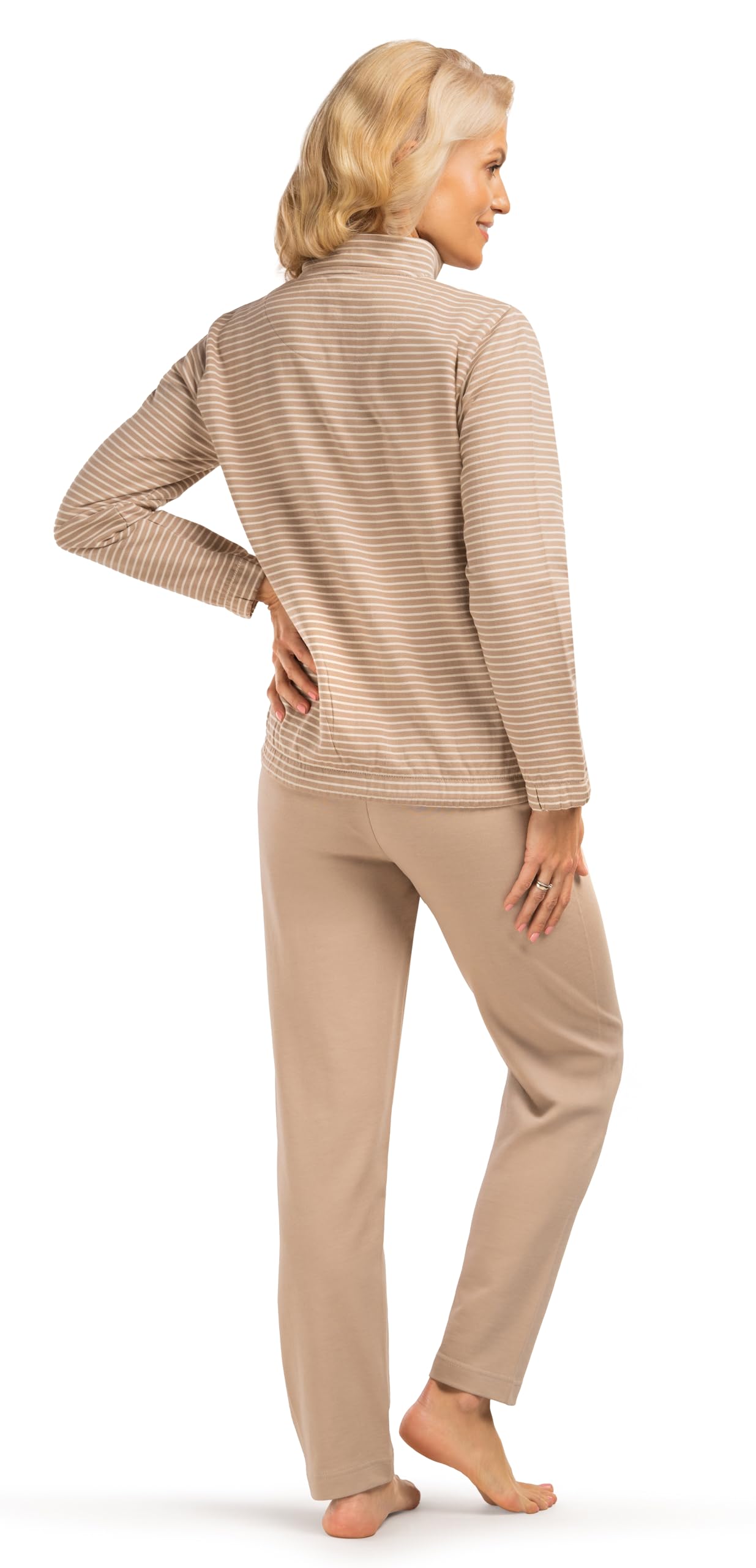 Consult-Tex Damen Langarm Hausanzug aus 100% Baumwolle-Fleece Qualität. Oberteil mit Reißverschlus und abgesteppten Bündchen. Hose mit dehnbarem Bund und Kordelzug. Attraktives Ringel-Dessin