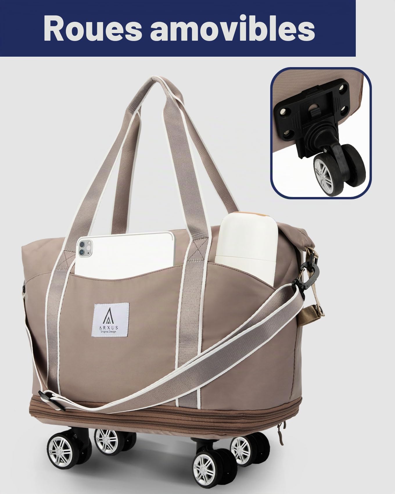 Arxus Sac de Voyage à roulettes avec Roues Amovibles et Bandoulière, Sacs Fourre-Tout Extensible et Pliable avec Sleeve pour Valise, Femme Homme Sac de Weekend pour Avion 25L-55L