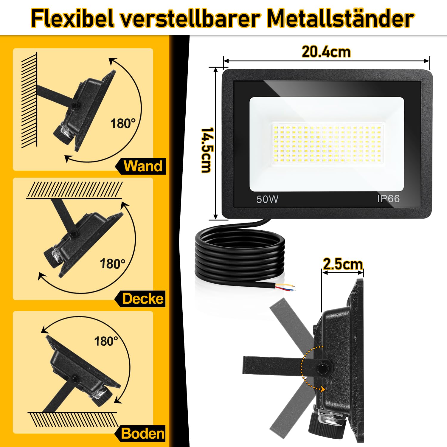 50W 10x LED Focos para exteriores, 3 ajustable temperatura de color, LED iluminación de pared proyector ángulo de haz 120 °, IP66 impermeable LED de luz de pared, para patio campo de deportes
