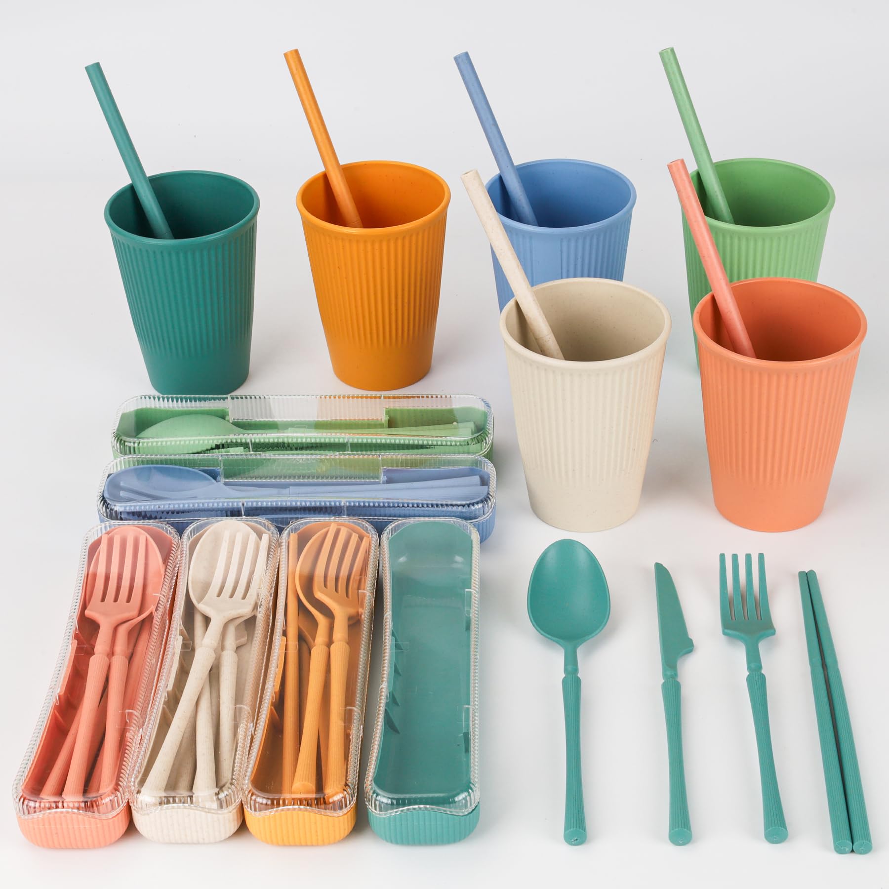 Set di stoviglie infrangibili per 6 persone, 66 pezzi, piatti e ciotole in plastica, piatti in plastica leggera, riutilizzabili, ciotole, tazze, posate, cannuccia, forchette, set di stoviglie per