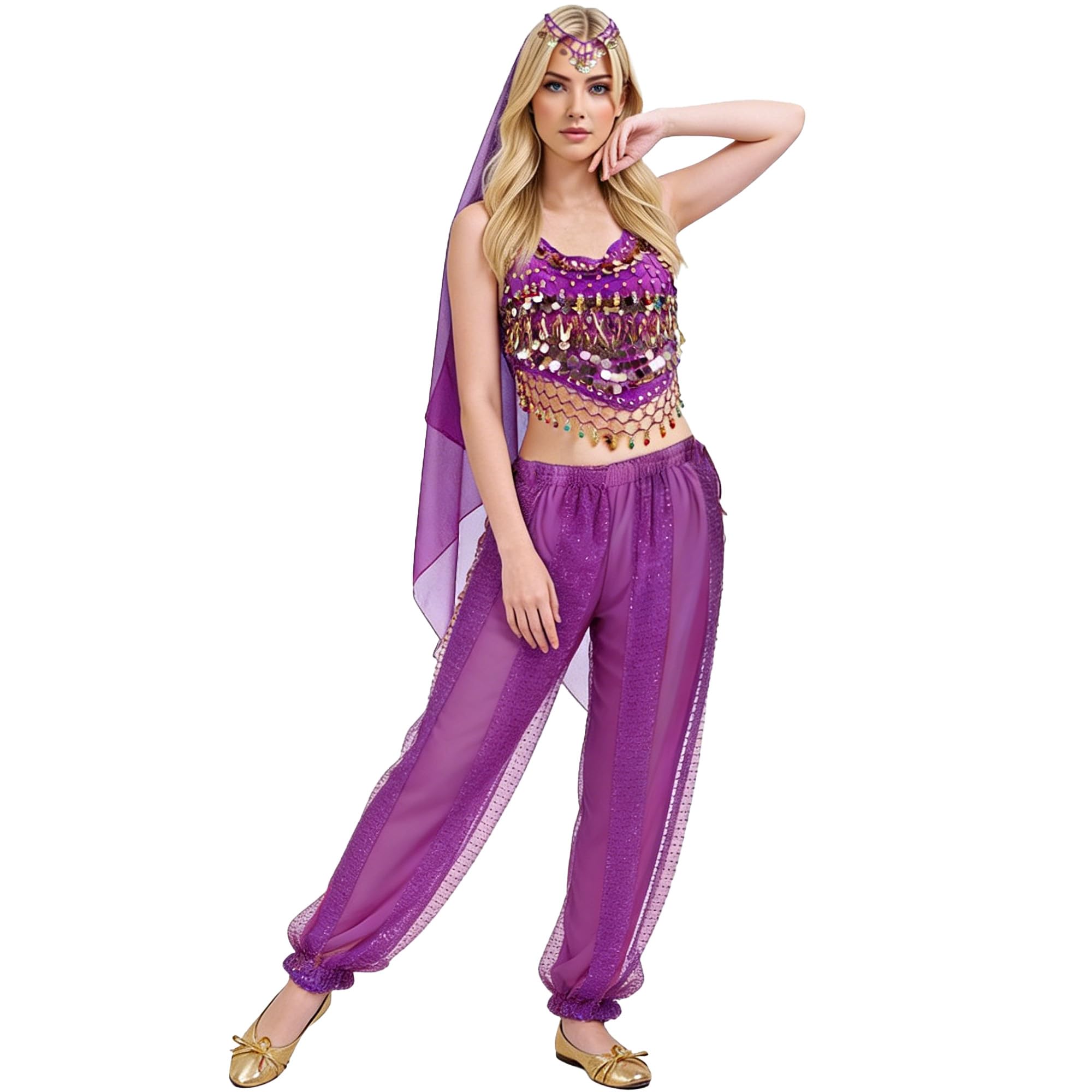 MUNAFIE Belly Dance Costume Tops Lantern Pants Suits Women Girls Bollywood Halloween Carnival Festival Outfits Purple
