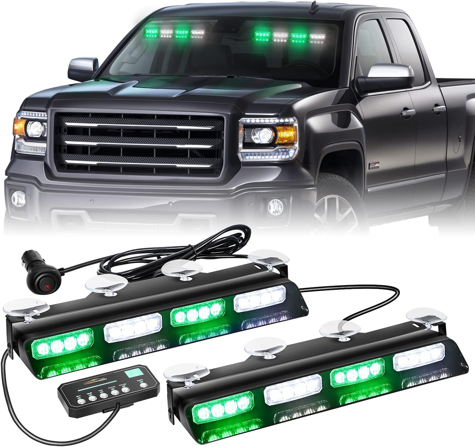 XRIDONSEN Green White Emergency Dash Strobe Lights Safety Flashing Warning Interior Front/Rear Windshield Deck Split Lights w/Digital Display Controller for Construction Vehicles Trucks (2x14 inch)