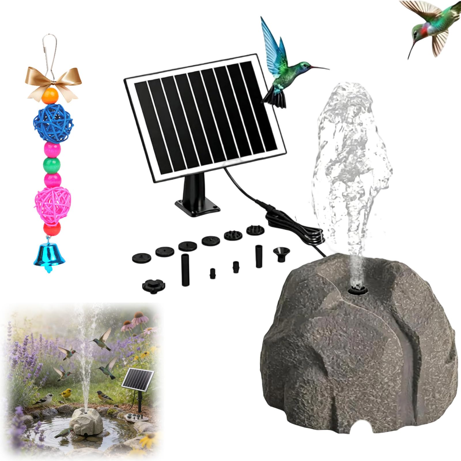 Solar Powered Bird Bath Fountain Kit, Bubbling Rock Fountain with 10 Nozzles, Mini Solar Water Feature for Outdoor Garden, Patio Pond, and Fish Tank (B)