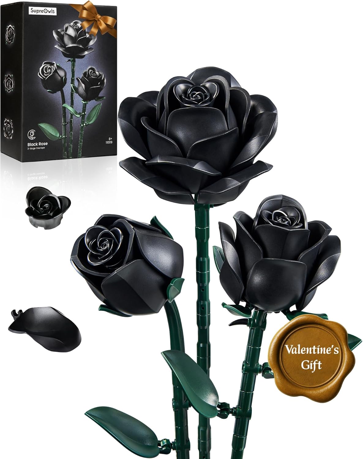 iATOM Black Roses Flower Building Set - 3Pack, Gift for Valentine's Day for Her/Mom/Girlfriend/Wife/Couple, Gothic Emo Vintage Retro Artificial Flowers Botanical Collection Home Decor Aesthetic