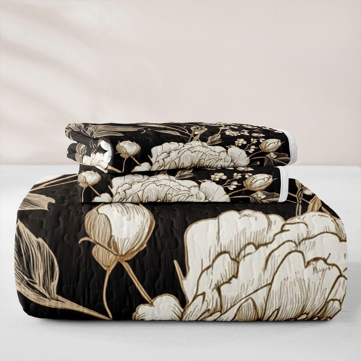 Feelyou Botanical Floral Quilt Set 3 Pieces King Size Blossom Flowers Quilted Bedding for All Season Black White Vintage Kids Boys Girls Bedspread Coverlet Set with 2 Pillowcases