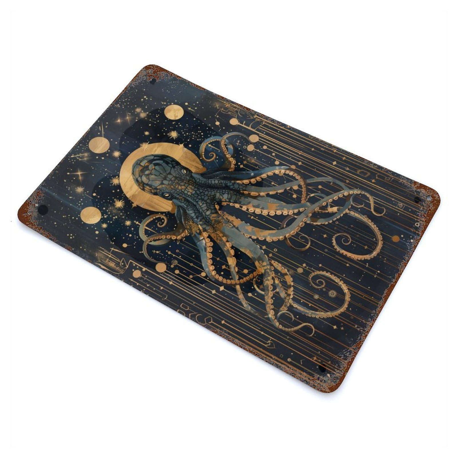 Geometric Kraken Octopus Vintage Rust Metal Sign 11.8"x7.9", for Basement, Hobby Room And Garage Decor, Farmhouse Wall Decor