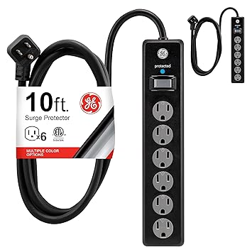 GE 6-Outlet Surge Protector 2 Pack, 10 Ft Extension Cord, Power Strip, 600 Joules, Twist-to-Close Safety Covers, UL Listed, Black, 54646