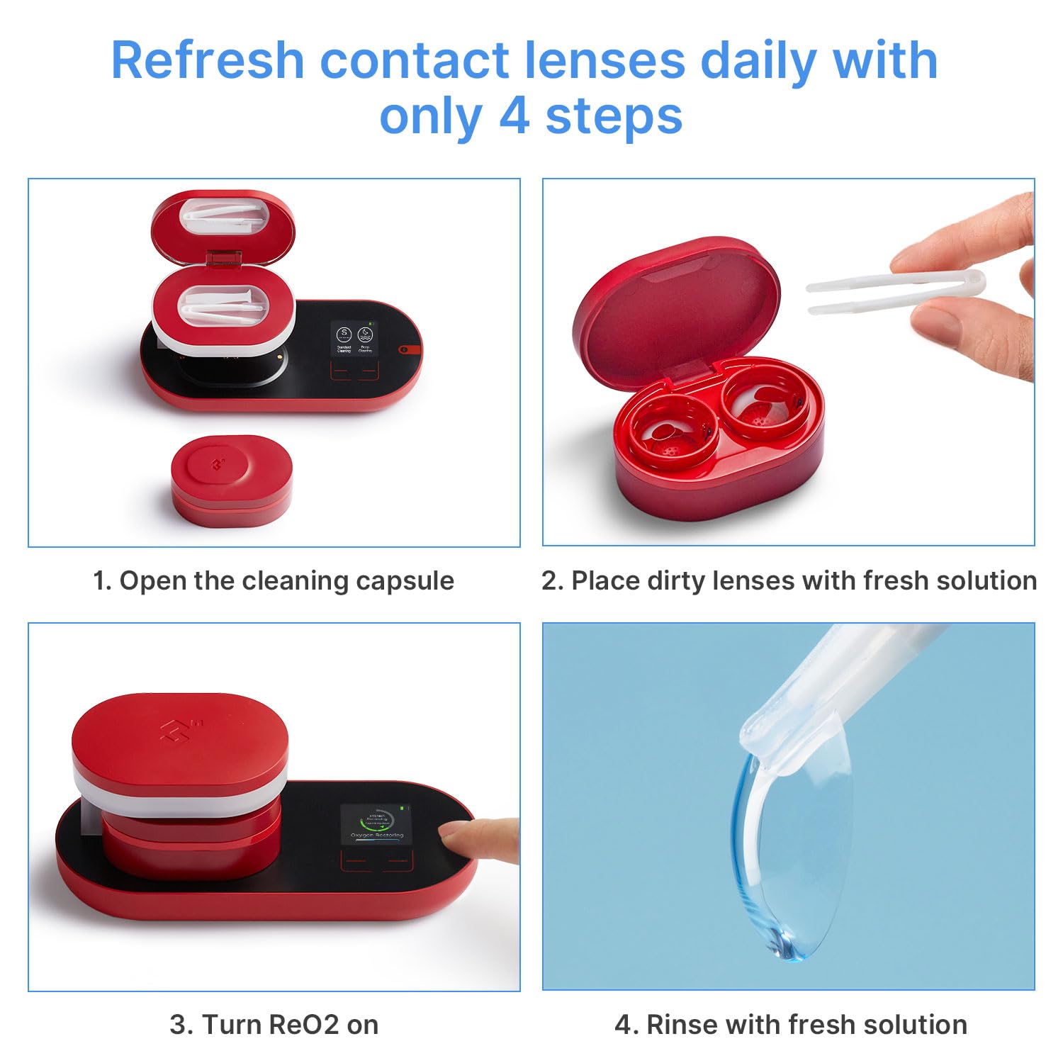 ReO2 Detergente per Lenti a Contatto, Tecnologia di Elettroforesi, con Specchio e Pinzetta, Pulizia Profonda per Lenti Morbide, Lenti a Contatto a Lungo Termine e Colorate, Non a Ultrasuoni (Rosso)