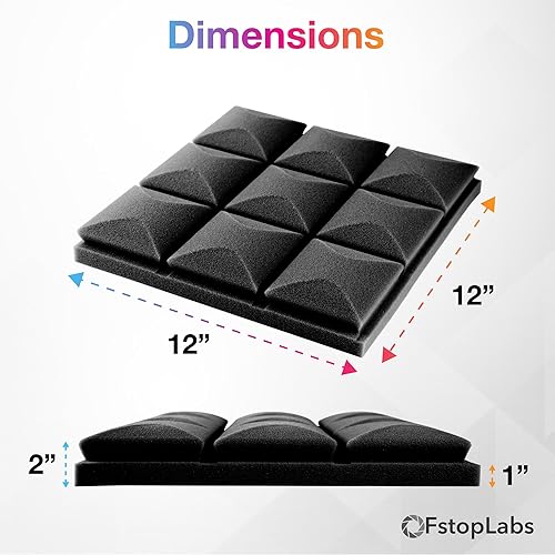 Miniatura 4 de Fstop Labs Paneles de espuma acústica, paquete de 12 azulejos autoadhesivos negros de 2 x 12 x 12 pulgadas, paneles de sonido, paneles de espuma a