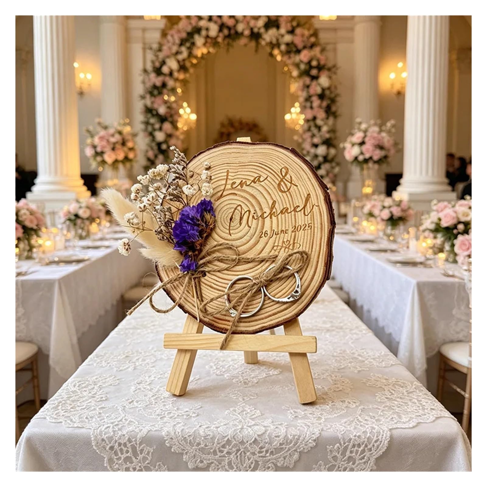 Portafedi In Legno Per Matrimoni Cuscino portafedi personalizzato, fetta di legno