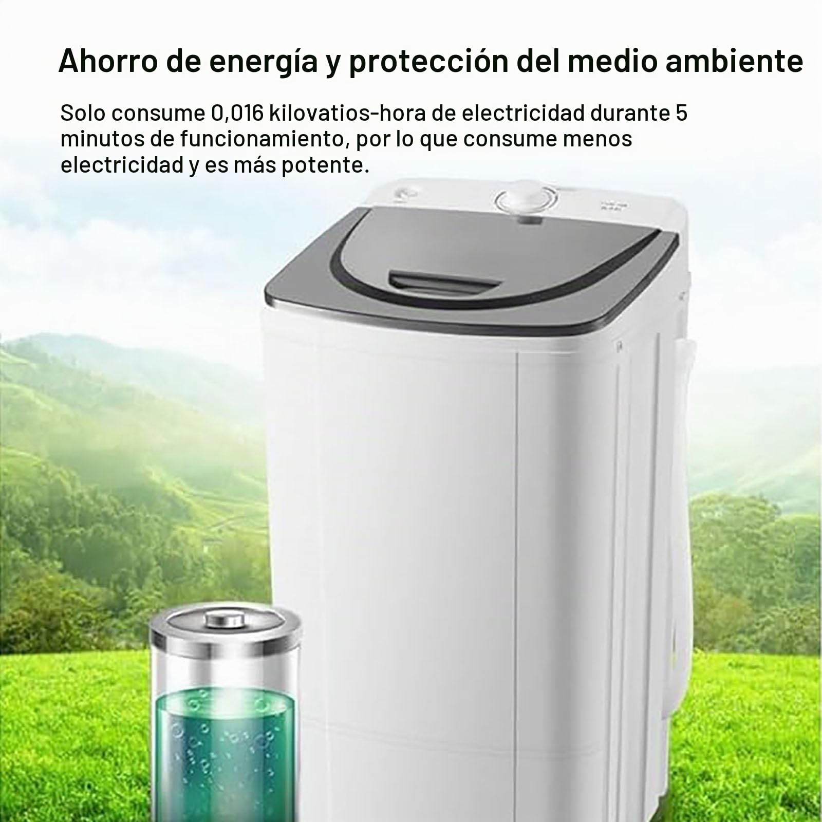 Secadora portátil con tambor de acero inoxidable, ciclo de 5 minutos de eficiencia energética, ideal para espacios compactos y uso al aire libre