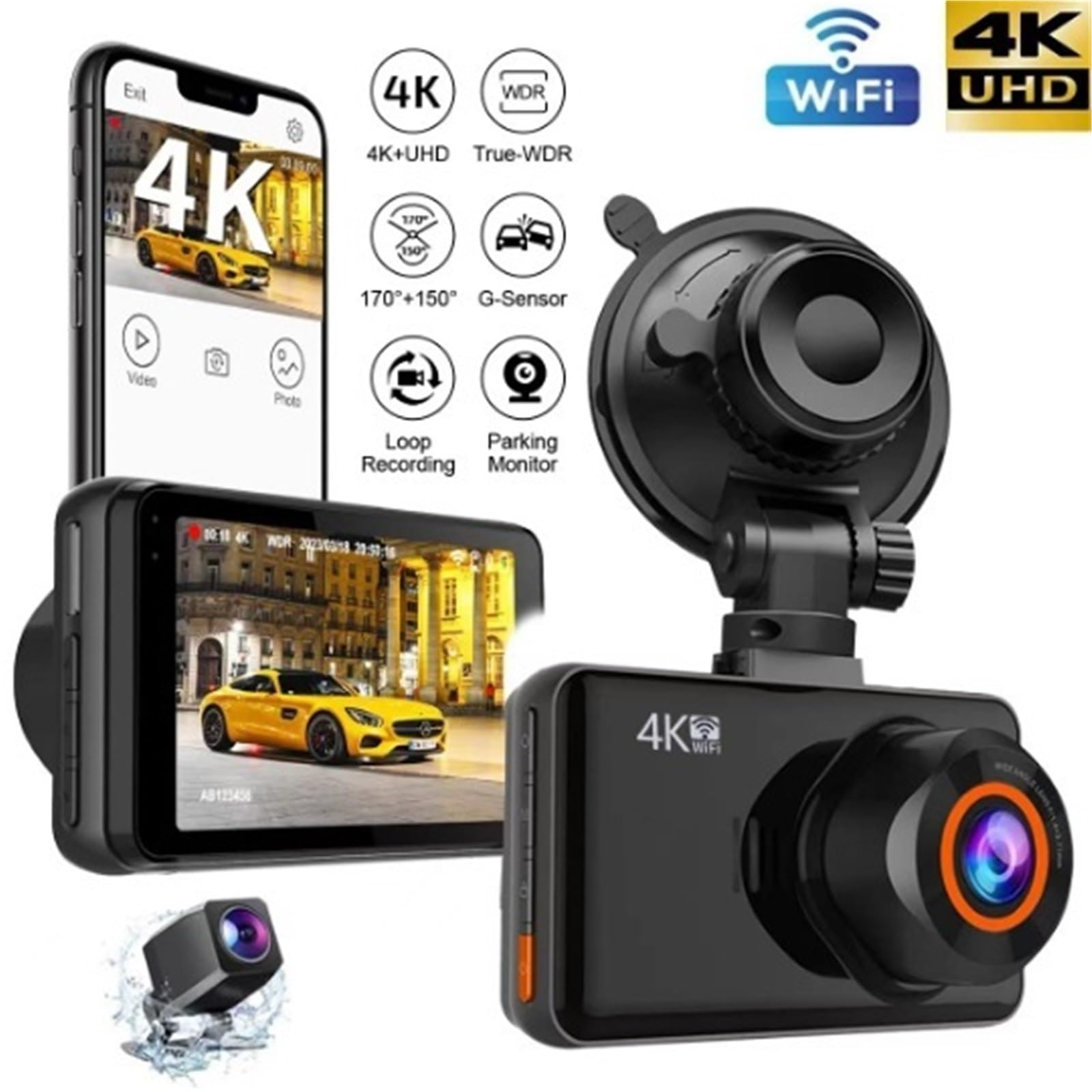 Kamera samochodowa, 2 Szt. Kamera 4K WiFi GPS Mini Wideorejestrator Samochodowy Przednia I Tylna Auto Night Vision WDR 24H Parking Czarna Skrzynka,dla samochodów