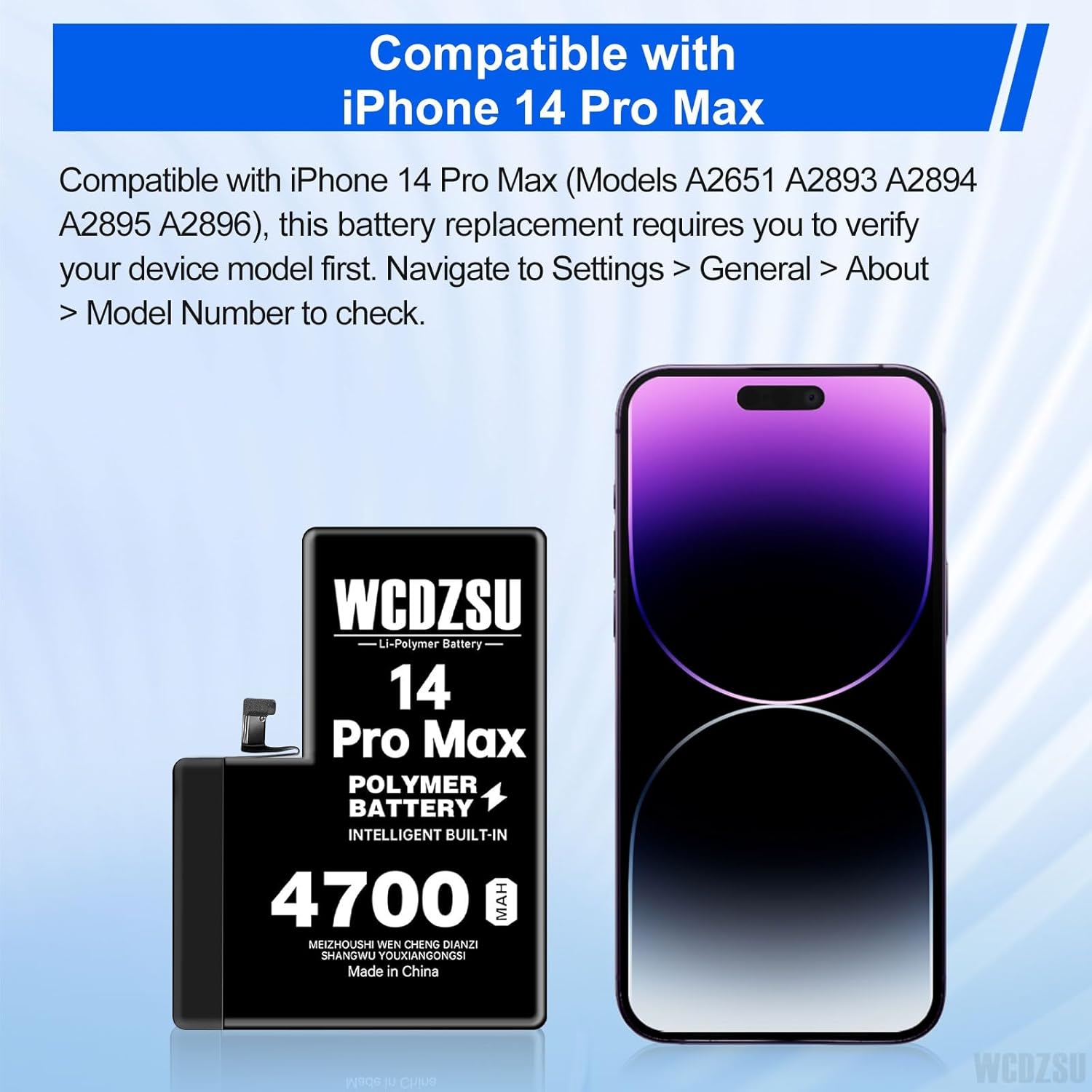 Battery Replacement for iPhone 14 Pro Max 4700mAh No Pop-up Unknown Part Warning High Capacity 0 Cycle for iPhone 14 Pro Max with Full Tool Kit Model A2651 A2893 A2894 A2895 A2896