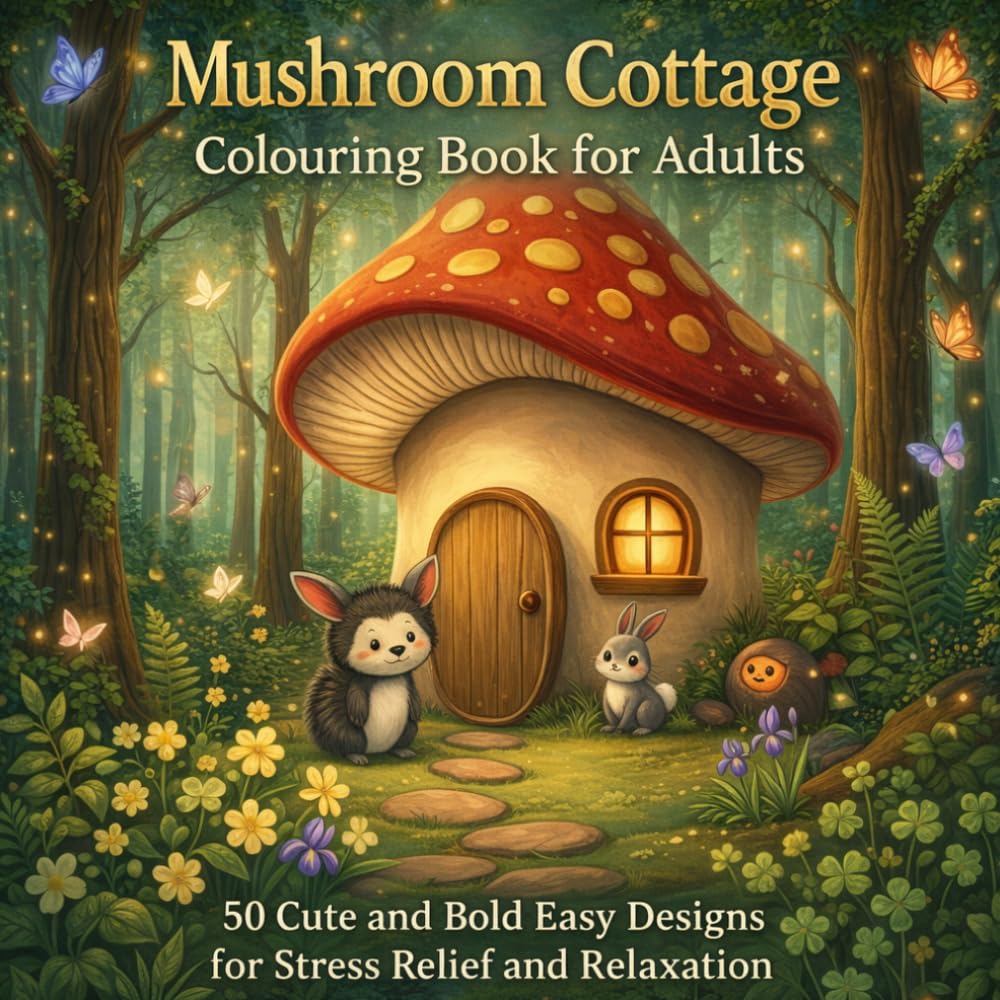 Mushroom Cottage Colouring Book for Adults: 50 Cute and Bold Easy Designs Featuring Enchanted Mushroom Homes, Woodland Creatures and Cozy Forest Scenes for Stress Relief and Relaxation