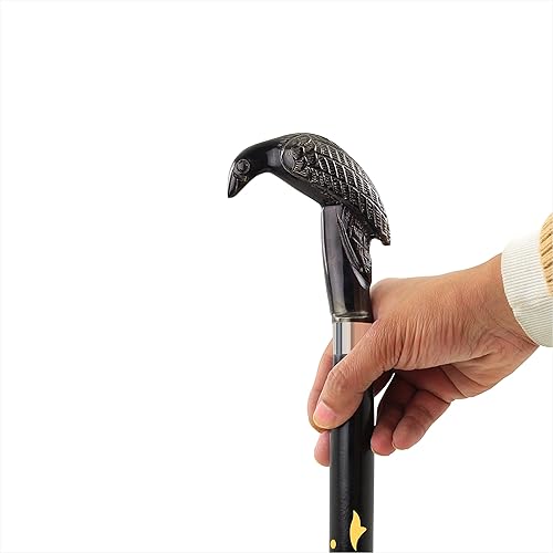 Miniatura 4 de Mango de cabeza de cuervo de latón macizo antiguo, estilo náutico, bastón de madera con cuerpo de acento de latón negro