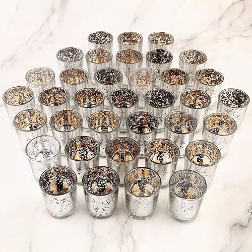 BTGLLAS Juego de 36 portavelas para velas de té de cristal mercurio plateado - Elegantes portavelas votivos para bodas, baby showers y decoración