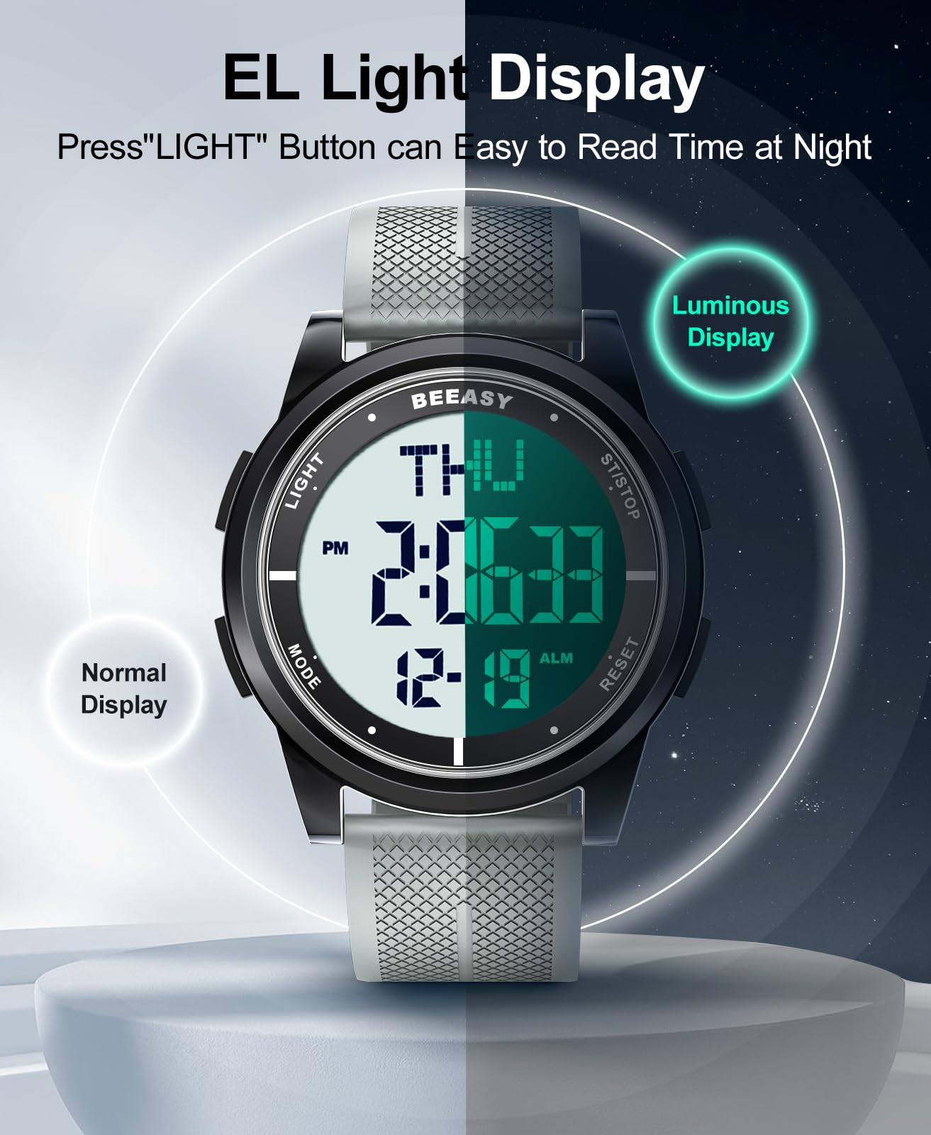 Beeasy Orologio digitale impermeabile con cronometro, sveglia, conto alla rovescia, doppio fuso orario, ultra sottile, super grandangolo, orologio da polso digitale per uomo e donna