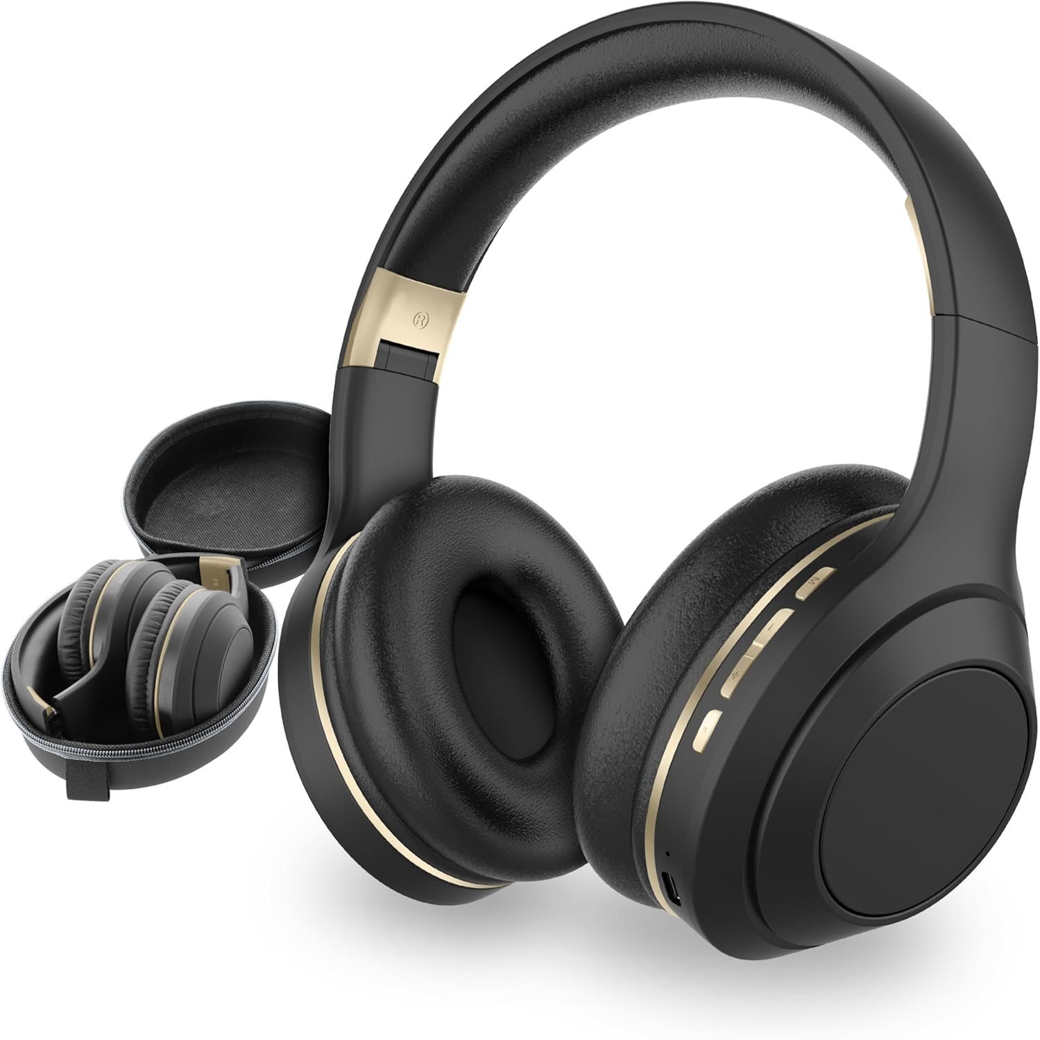 SENTRY OSH Over Ear Bluetooth Wireless Headphones in black, with a compact carrying case shown to the left.