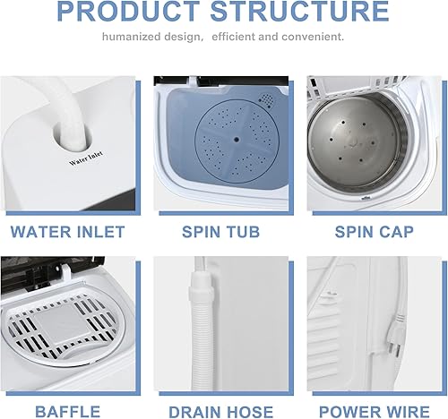 Miniatura 5 de SUPER DEAL Mini lavadora compacta de doble tina, capacidad de 13 libras, lavadora portátil y ciclo de centrifugado, drenaje por gravedad integrado