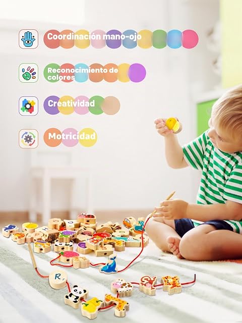 Foto 3 de 7 de DealKits Juego de enhebrar a partir de 2 años, juguete educativo Montessori, juguete de madera, 42 perlas…