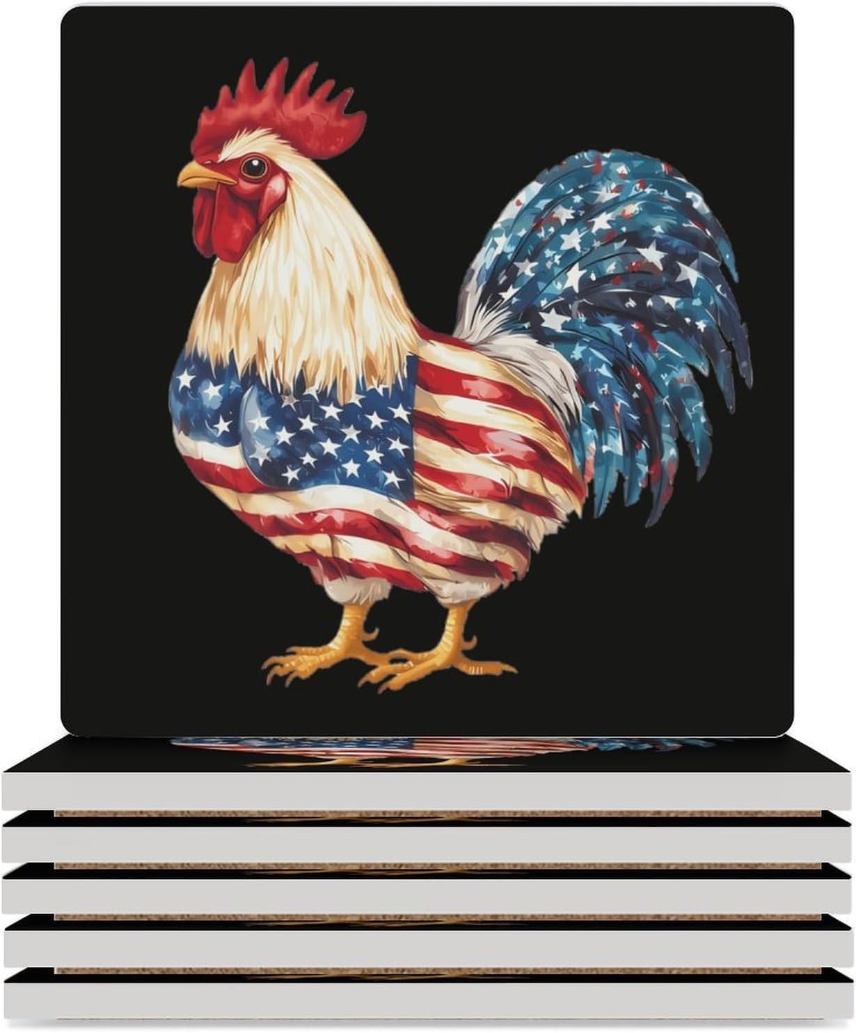Cute Rooster in U.S.A. Flag Pattern Funny Ceramic Coasters for Drinks Absorbent Cup Holder Tabletop Protector with Cork Base