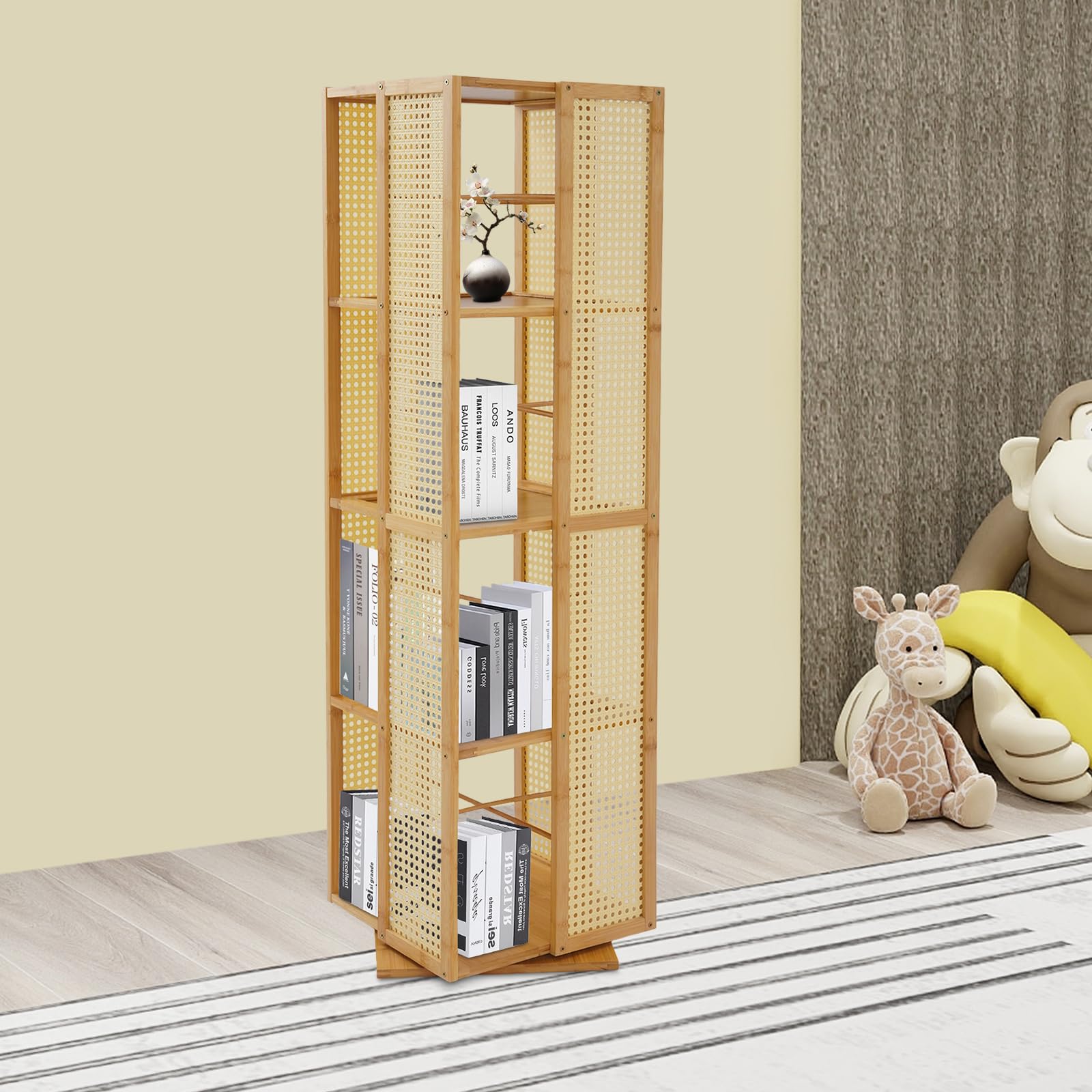 Drehbarer Bücherregal, Bücherturm mit 4 Ebenen, 360° drehbares Standregal aus Bambus, schmales Bücher-Aufbewahrungsmöbel für Wohnzimmer, Büro (Holzfarbe)