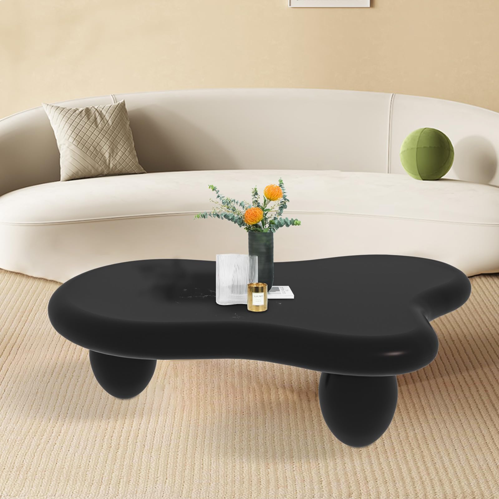FeiZhiYanSCloud Coffee Table Unique Wavy Irregular Cute Coffee Table Free Shape Coffee Table with 3 Sturdy Support Ball Legs, for Living Room, Bedroom, Balcony, Patio,B,39.37in