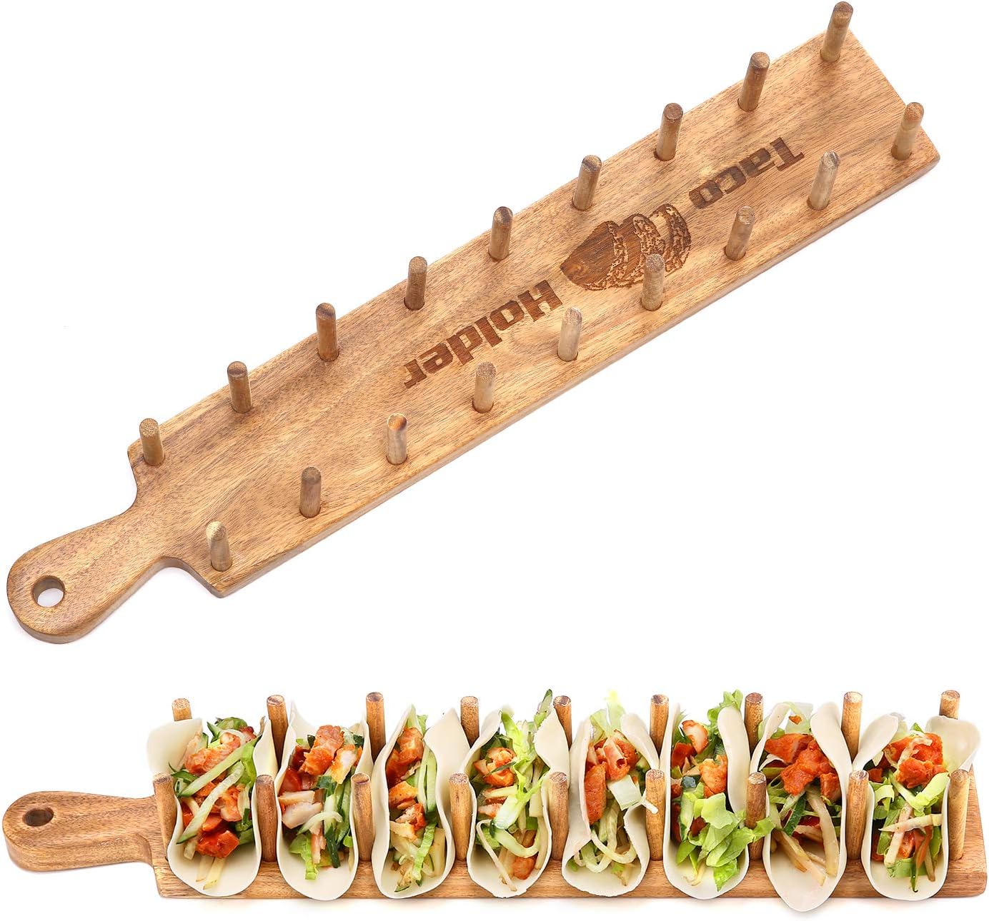 First Grade Acacia Original Wood Taco Holder Rack Tray Stand Up Holds 8 Soft or Hard Shell Tacos Also for Tortillas, Burritos