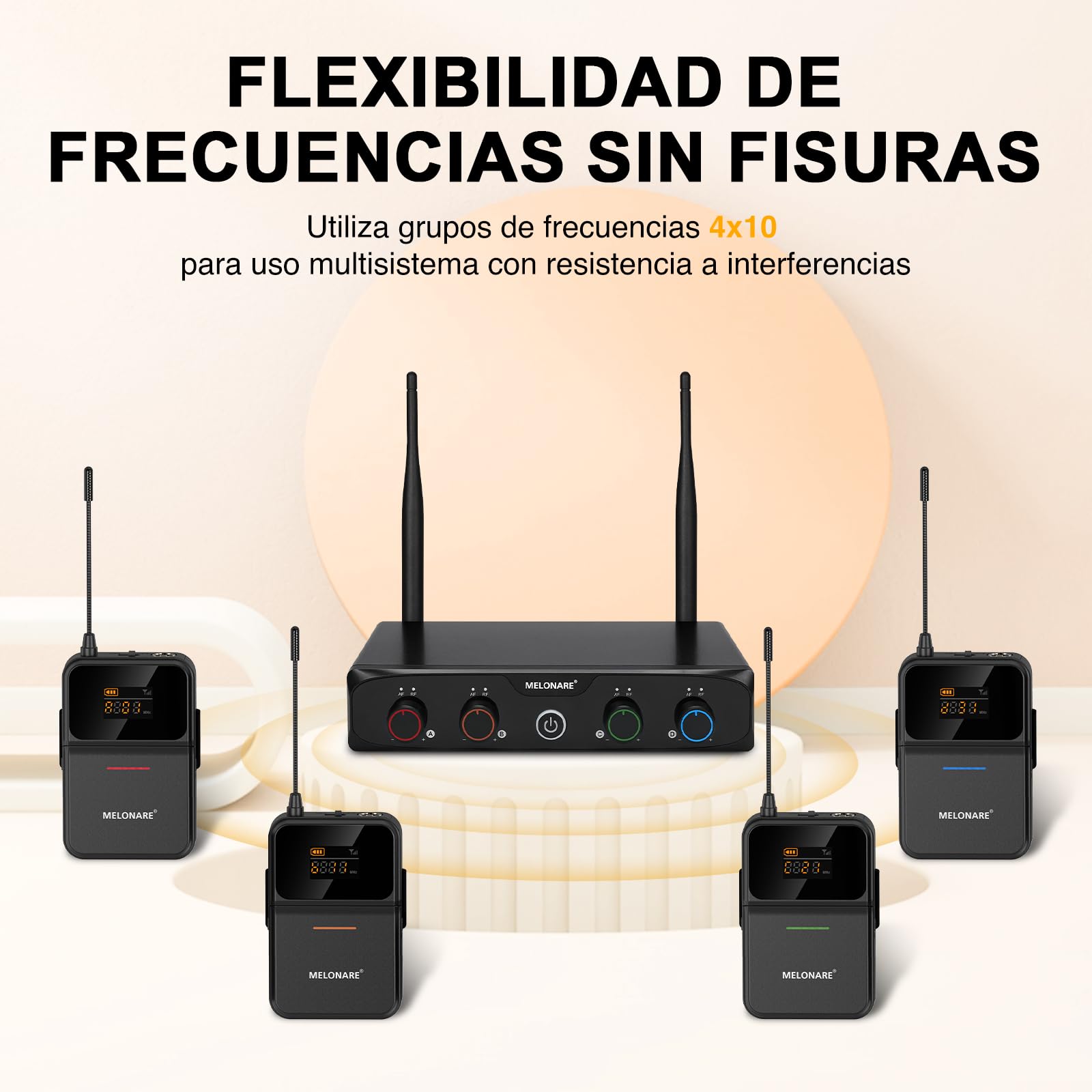 MELONARE Sistema de micrófono inalámbrico UHF Compacto MWM-41-4B | 4 micrófonos de diadema/solapa, 4 x 10 frecuencias, alcance de 60 m, manos libres para voz, iglesia, conferencia