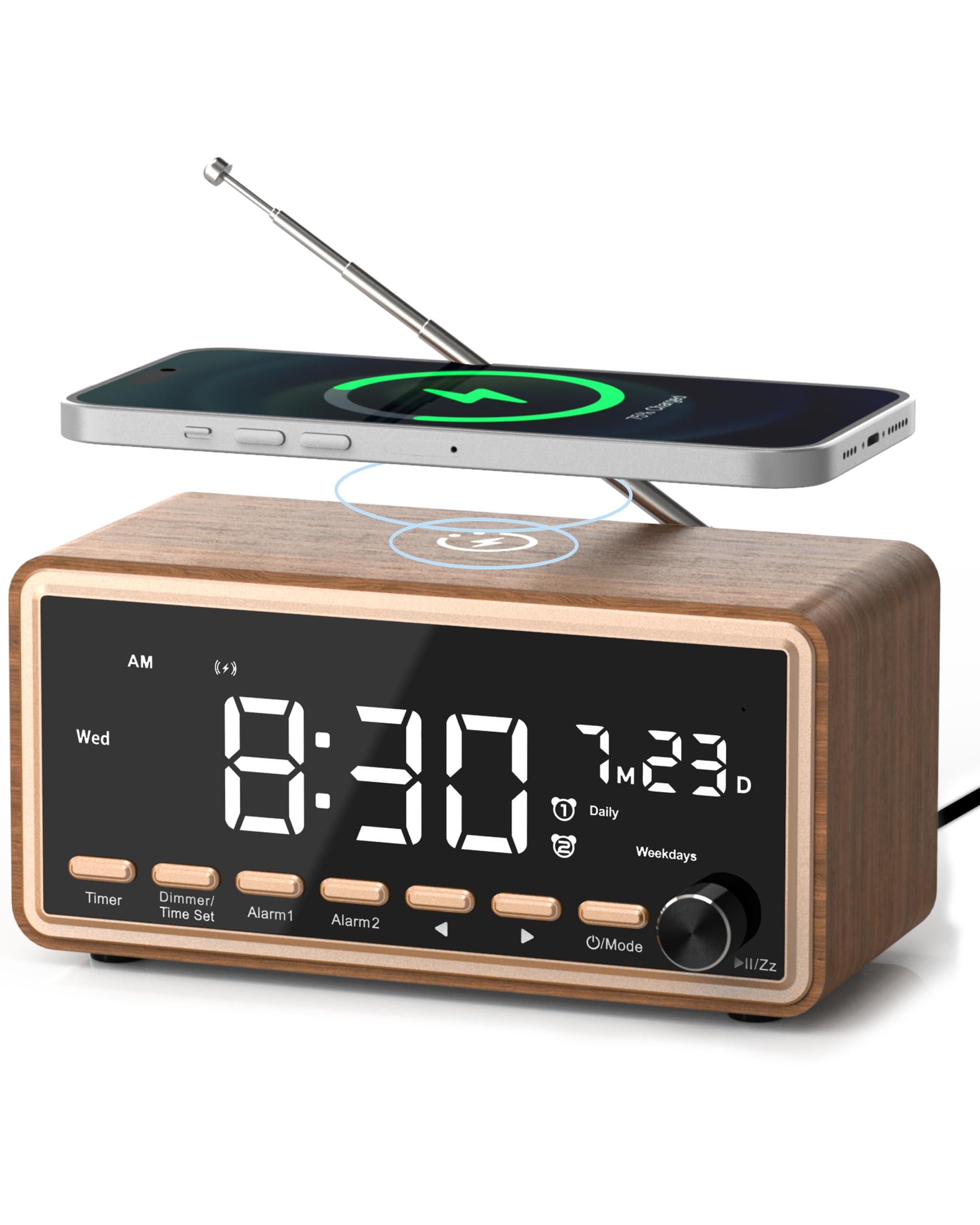 Sveglia digitale con radio FM, doppia allarme, altoparlante Bluetooth, White Noise Machine, Wireless Charger, orologio digitale dimmerabile, regalo di compleanno per donne, mamma e papà