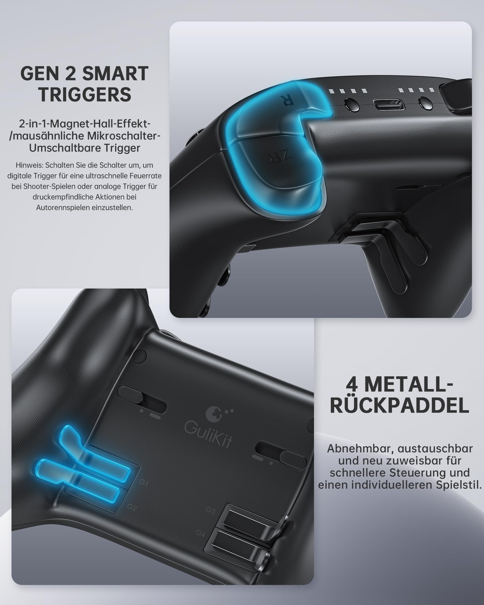 GuliKit TT Max Wireless Controller für PC, Android, iOS, Switch 1/2, TMR Joysticks, Aufweckfunktion und Abnehmbare 4 Metall-Rücktasten (Schwarz, TT MAX)