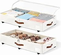 Vista 1 de 6 Inches Under Bed Storage with Wheels Pack of 2, Underbed Shoe Storage Container Bin with Clear Lid Cover, Rolling Under Bed Drawer Storage Bag