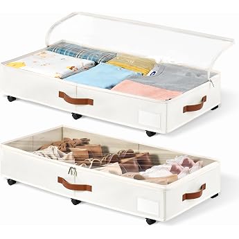 KitHero Set of 2 Rolling Storage Boxes Under Bed 15 cm Height (6 Inches) with Clear Lid - White Bed Storage Box for Shoes &amp; C