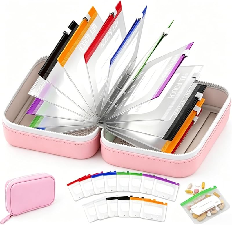 Organizador de pastillas impermeable con 14 pastillas con cremallera, pastillas reutilizables codificadas por colores para viajes