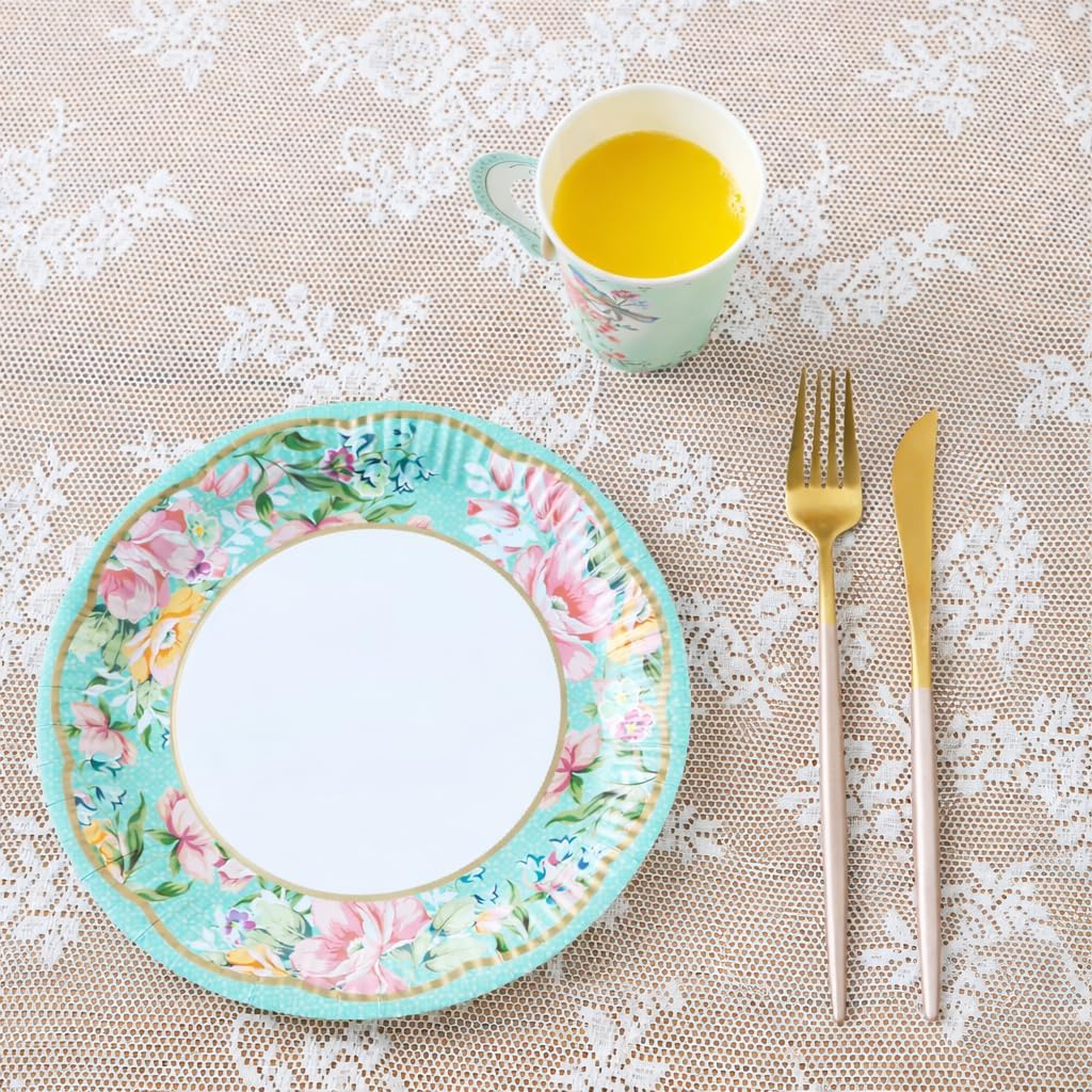 Talking Tables 50pcs Floral Tea Party Decorations for Mother's Day Decorations for 16 Guests, Disposable Tableware Set, Paper Plates, Teacups, Napkins & Bunting for Bridgerton Birthday Decor