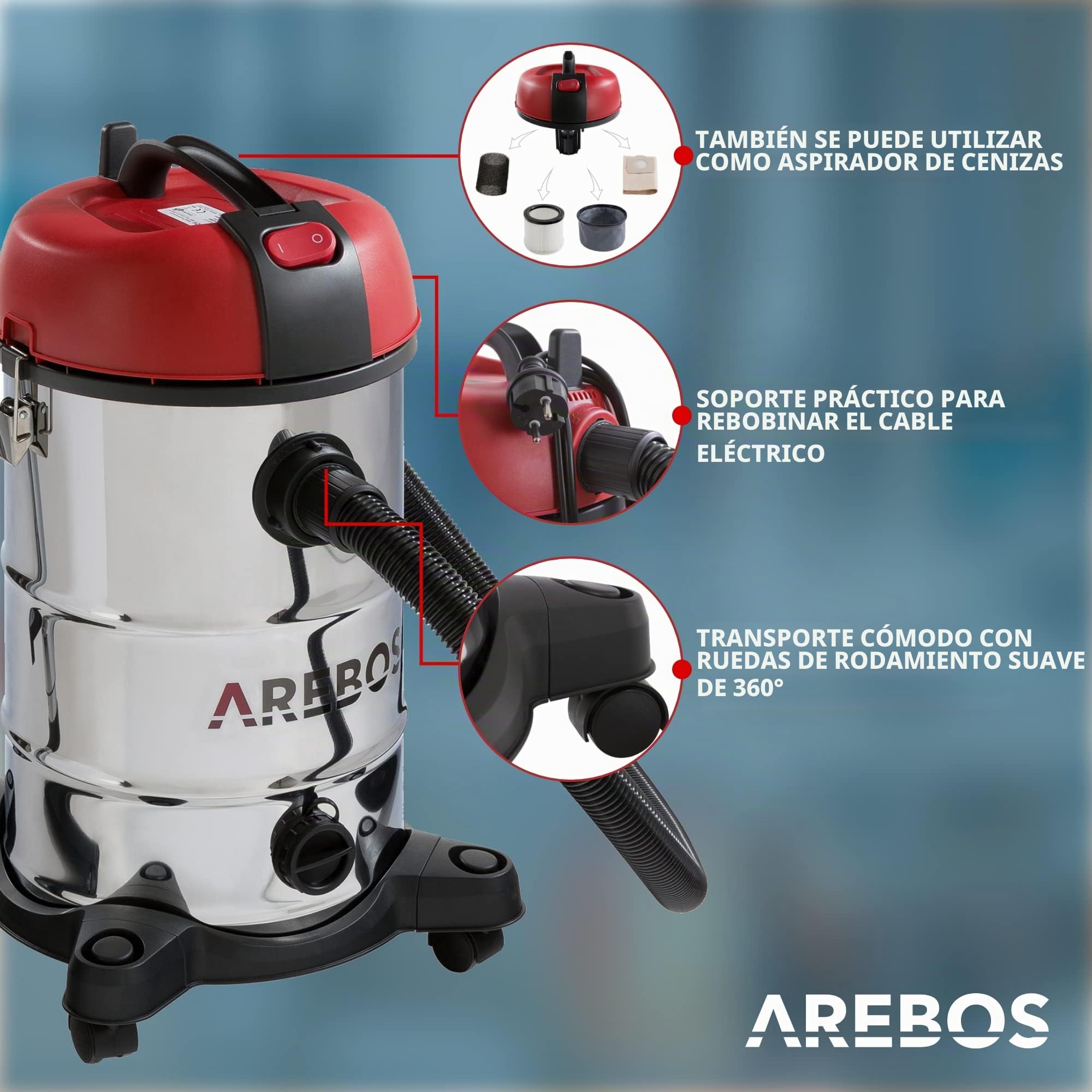 Arebos Aspiradora Industrial | aspiradoras potentes 1800 W | Potente aspiradora de Cenizas | aspiradora en seco y húmedo | con y sin Bolsa | depósito de 30 L | soplador de Hojas | Rojo