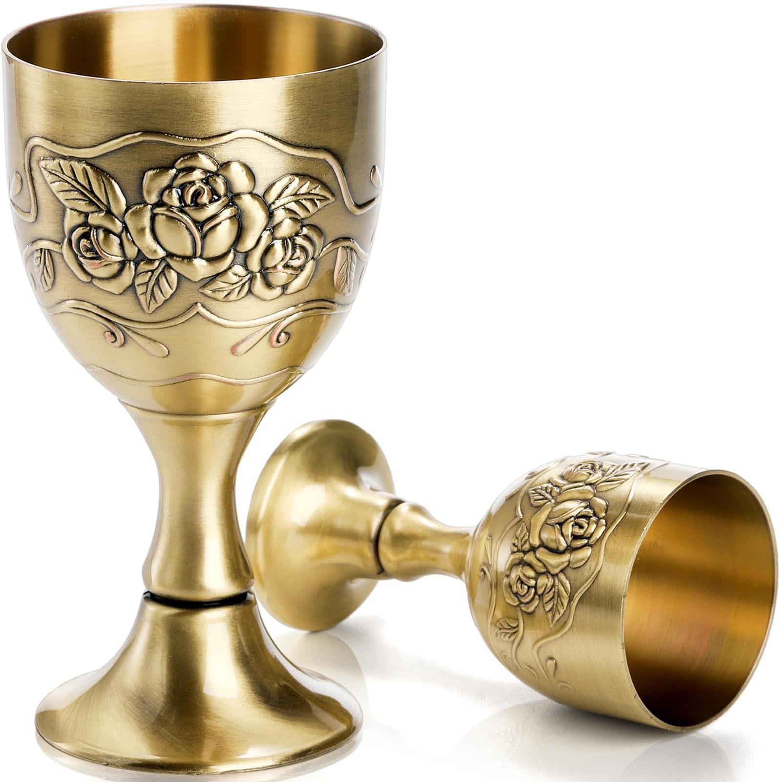 Vintage Chalice Goblet Set, 2 Pack Royal Chalice Cup, European Vintage Wine Glass, Brass Altar Cup, High-Grade Craftsmanship, Exquisite Design, and Multi-Purpose Use, 5 OZ/1 OZ, Embossed Flower