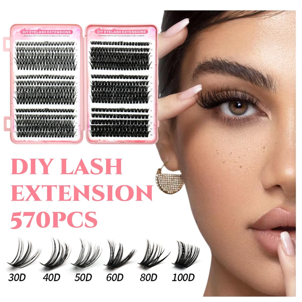 570pcs Cluster Lashes Kit, Individual Eyelashes Kit, D Curl Cluster Lashes 8-16MM Fluffy Volume Fake Eyelashes - Image 3