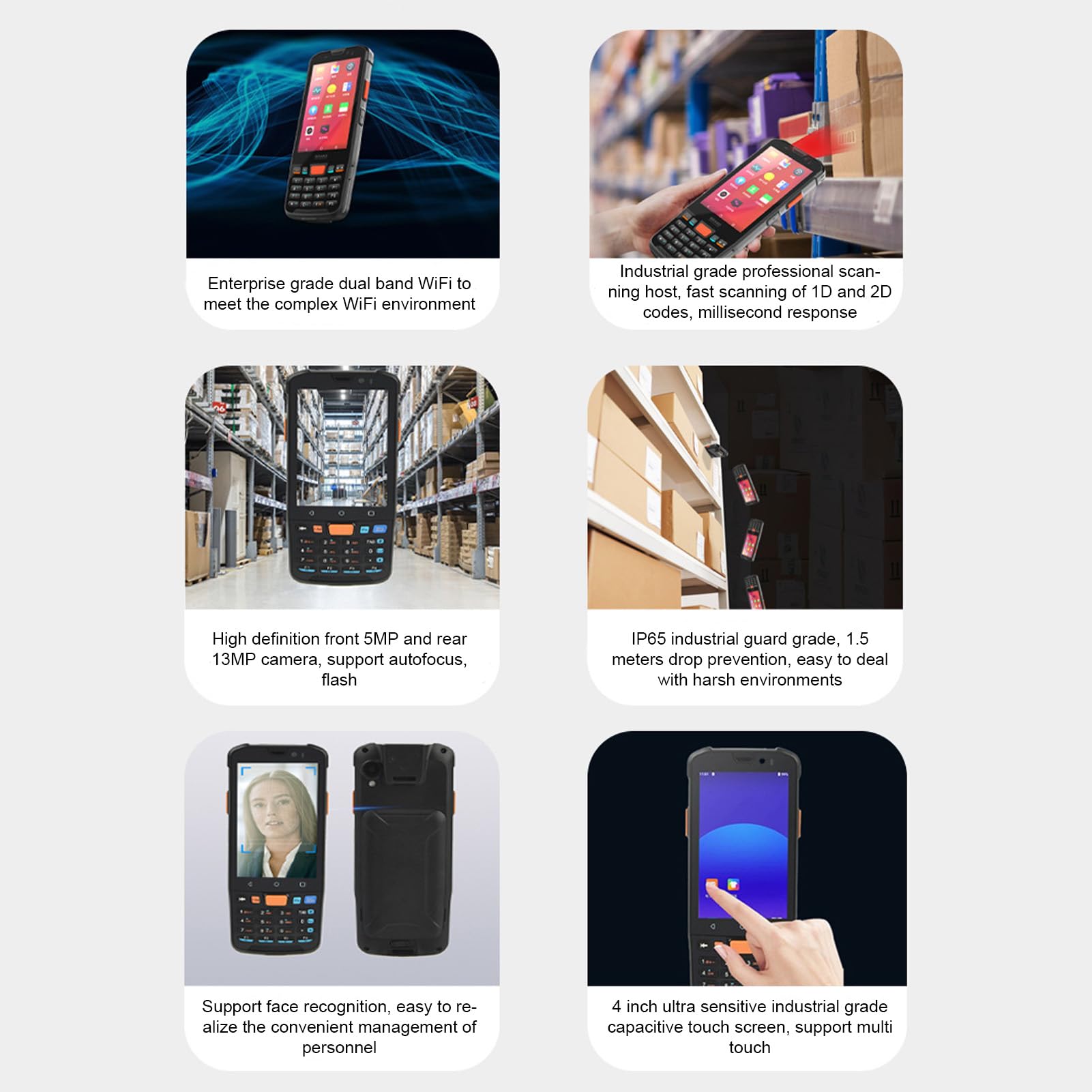 Ręczny Skaner Kodów Kreskowych PDA z 4-calowym Ekranem Dotykowym IPS, baterią 5000 MAh, Dwuzakresowym WiFi, 4 GB RAM, 64 GB ROM, Aparatem 13 MP, NFC, Bluetooth 5.0, Android 11
