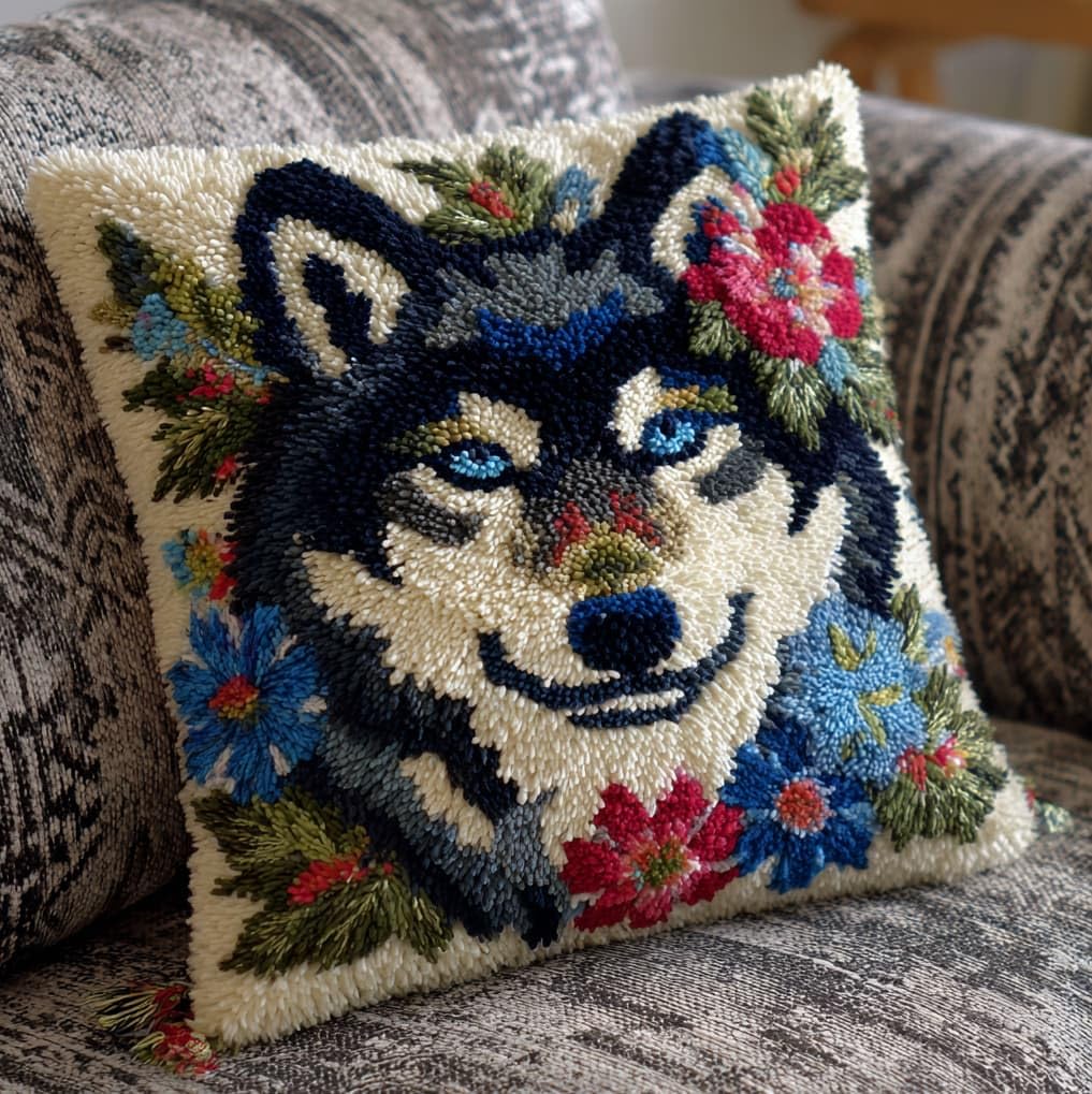 AxiangziK Latch Hook Pillow Kit,Wolves and Flowers