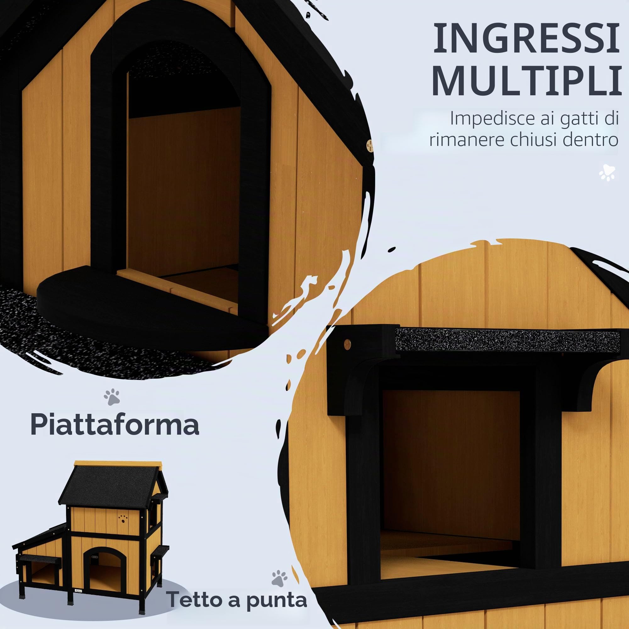 Casetta per gatti PawHut, in legno di abete, rifugio per gatti con diverse entrate, 2 piani, grotta per gatti all'aperto, casetta per animali con tetto in asfalto, fioriera, resistente all'inverno,