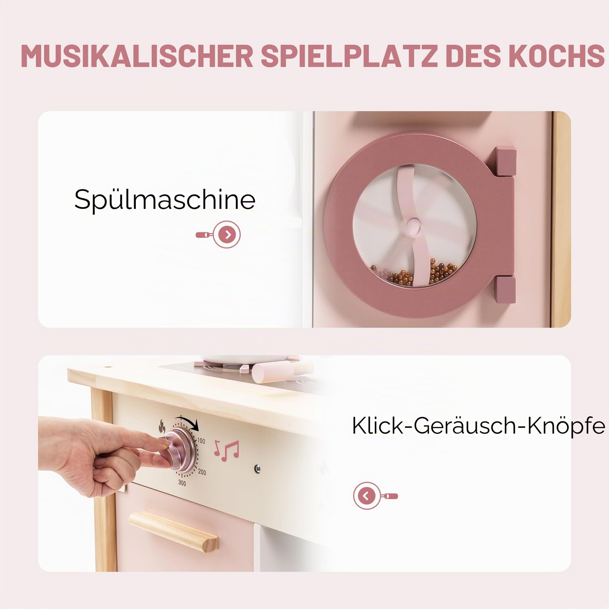 ROBUD Spielküche für Kinder Kleinkinder, Spielküche aus Holz mit realistischem Zubehör, Spielzeugküche Set mit vielen Spielfunktionen, moderner Stil Spielzeugküche für Mädchen & Jungen, Geschenk ab 3