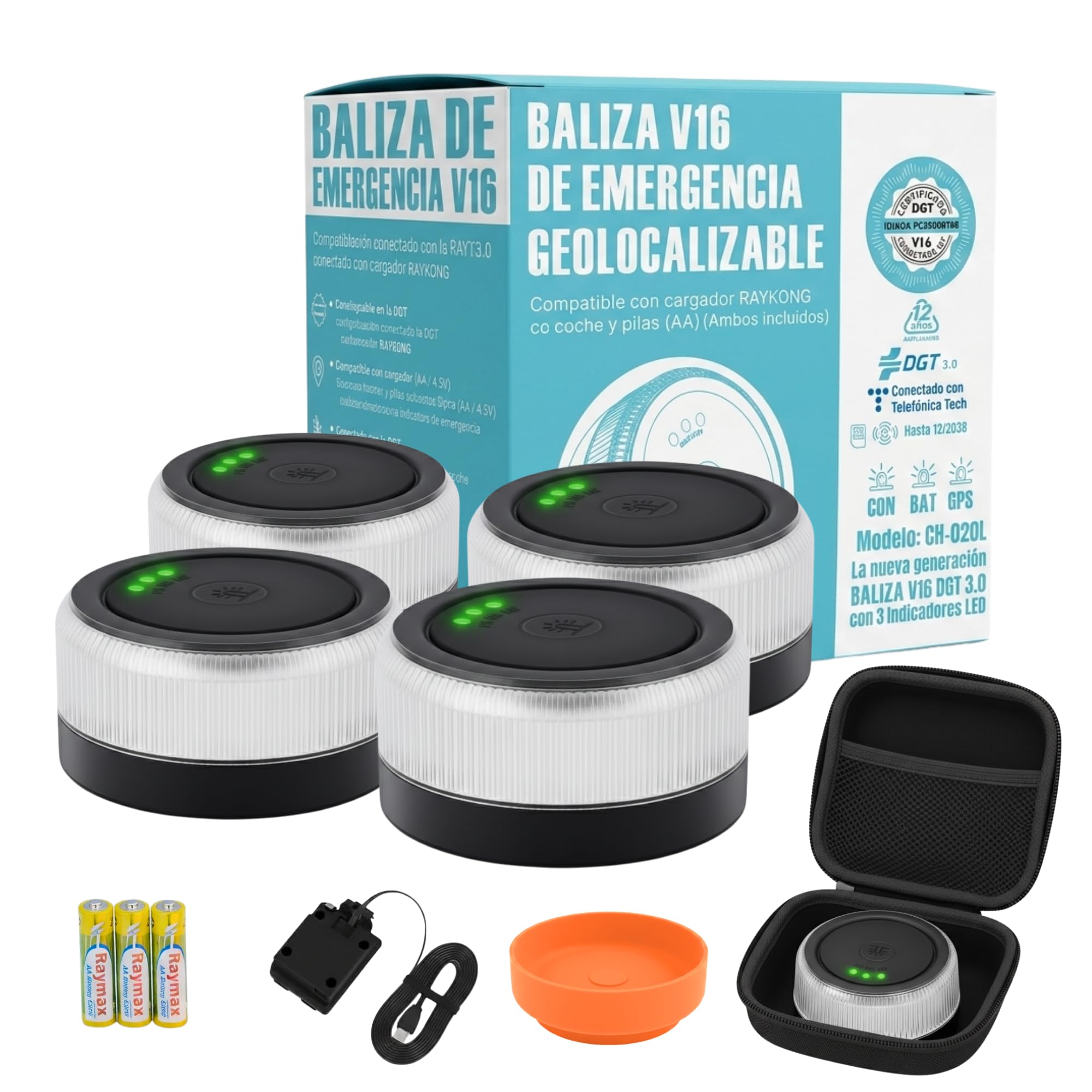 X4 Emergency Light V16 Approved DGT 3.0 with Geolocation, LED Beacon 360º Visible 1 km, eSIM Data up to 2038, Dual Power AA or USB Batteries, Kit with Case and Suction Cup, for Car and Motorcycle