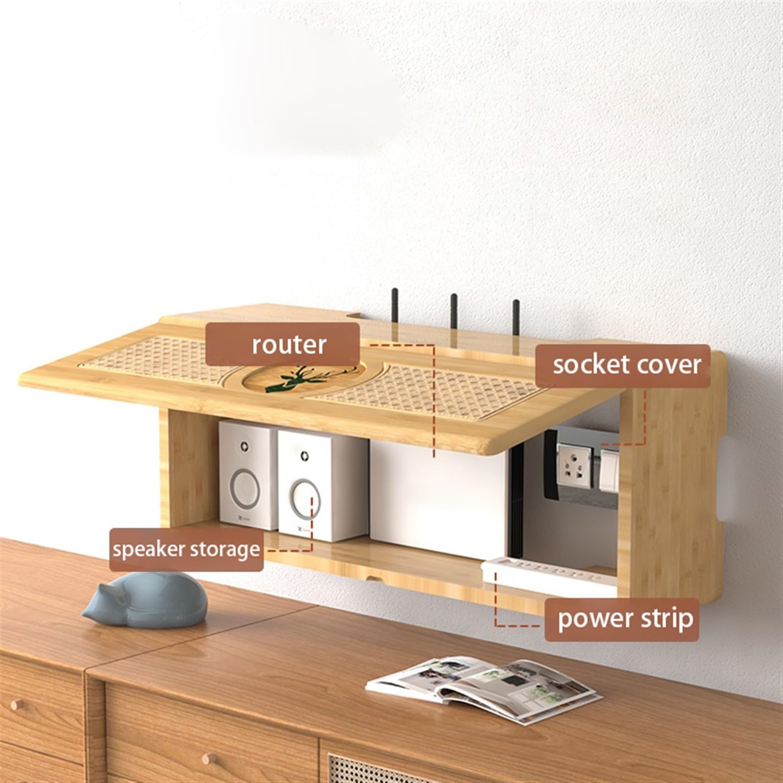 Caja para gestión de cables Wifi set-top box enrutador caja de almacenamiento perforado gratis pared TV gabinete enchufe de cable bloqueo estante de pared Caja organizadora de cables(2,50cm)