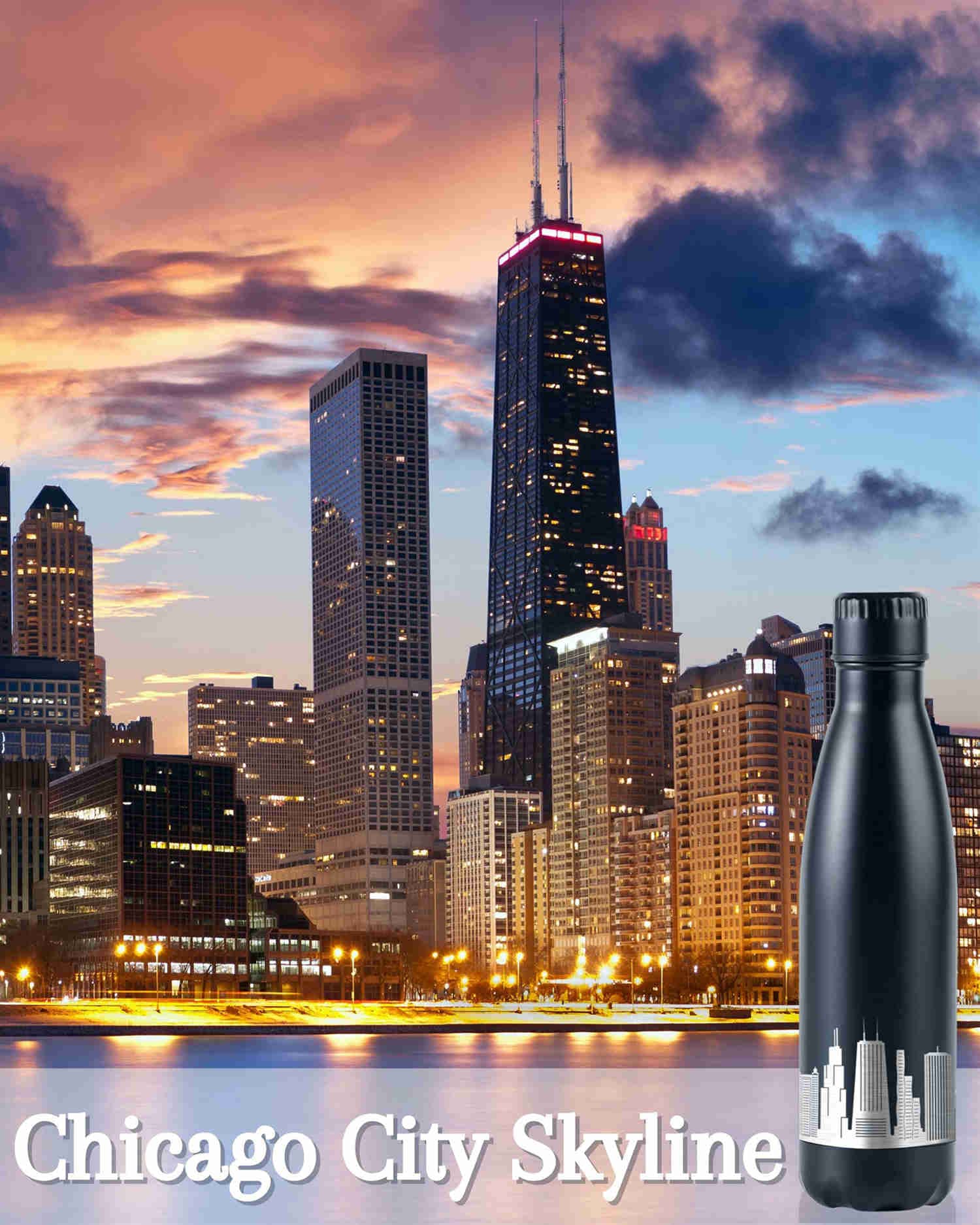 Chicago City Skyline Gifts, Chicago Gifts for Chicago Lovers, Skyline Map 17oz/500ml Stainless Steel Insulated Water Bottle, Perfect for Birthday & Christmas