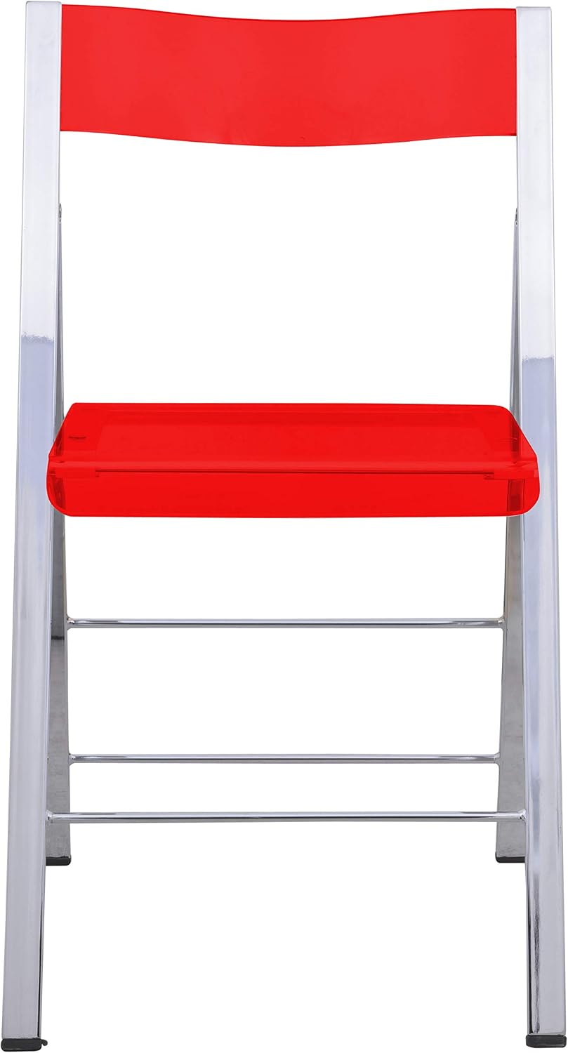 LeisureMod Transparent Folding Chairs Set of 2 - Lightweight Acrylic Clear Foldable Chair for Indoor & Outdoor Use, Red Seat, No Assembly Needed