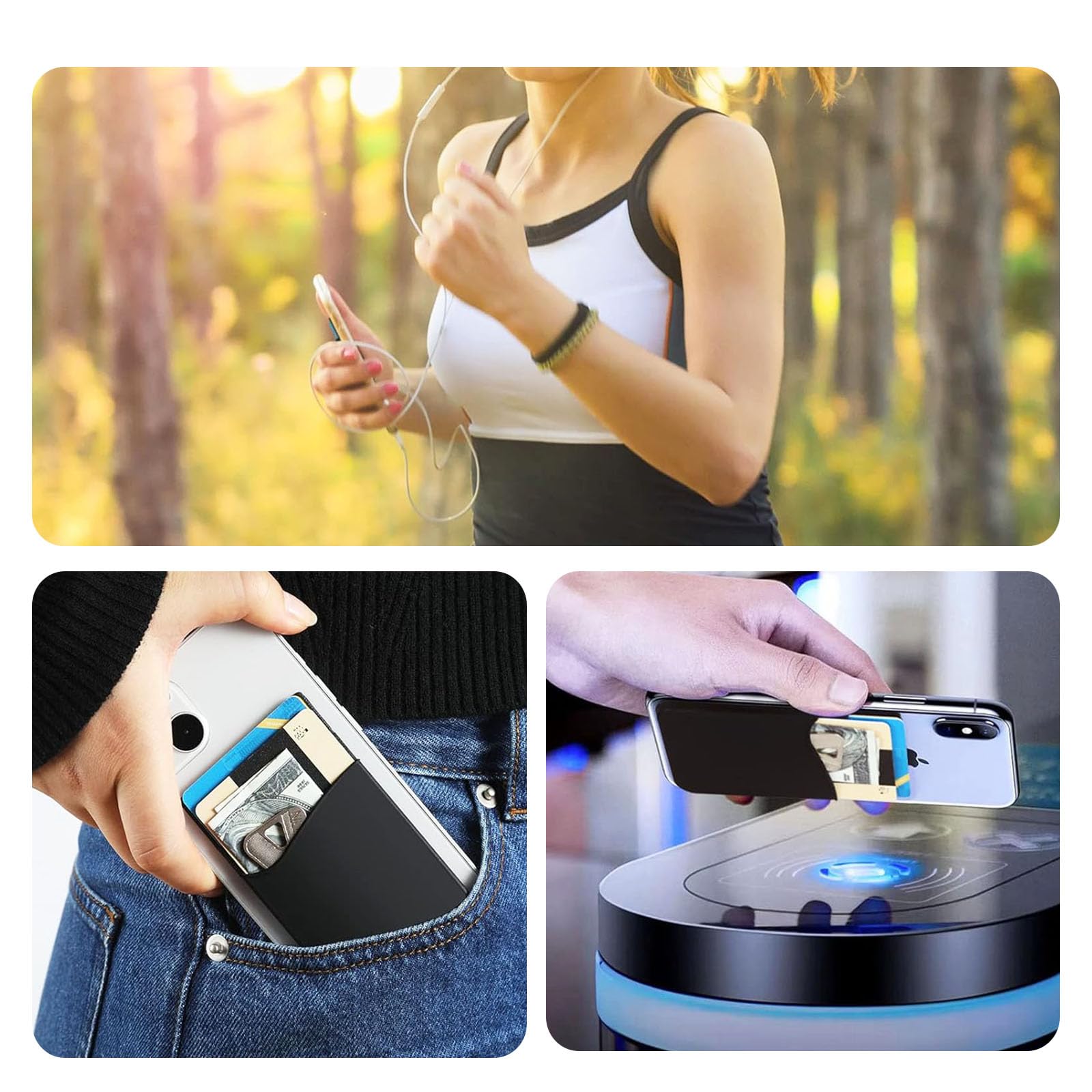 Confezione da 4 porta carte adesive per telefono, in silicone, autoadesivi, per retro del telefono, portafoglio per cellulare, carte di credito, Nero Bianco Grigio Grigio Chiaro, ALL PHONE,