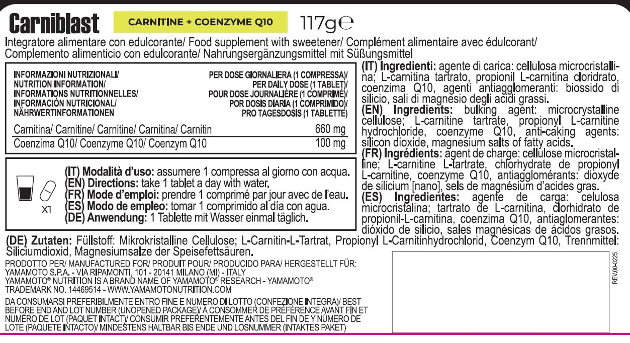YAMAMOTO NUTRITION CarniBLAST integratore di Carnitina L-Tartrato, Propionil L-Carnitina e Acetil L- Carnitina 90 compresse